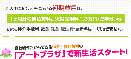 入居にかかる初期費用は、1ヶ月分の前払い賃料と、火災保険料1.3万年(2年分)のみ!もちろん仲介手数料・敷金・礼金・管理費・更新料は一切頂きません。自社物件だからできる仲介手数料無料の「アートプラザ」で新生活スタート